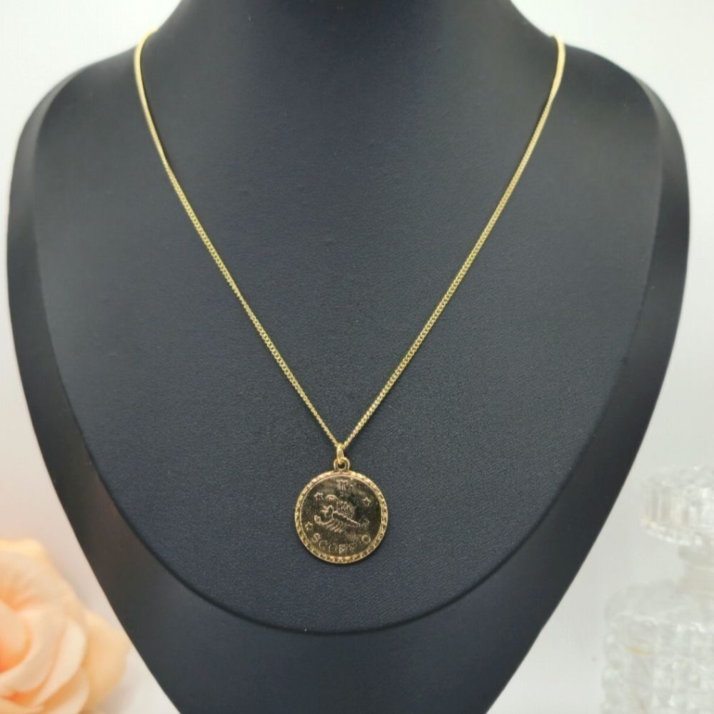 Signed Gold Necklace with circle Scorpio pendant